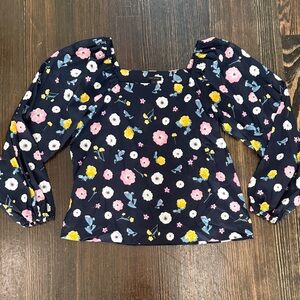 Ann Taylor Navy Floral Square Neck Puff Sleeve Top